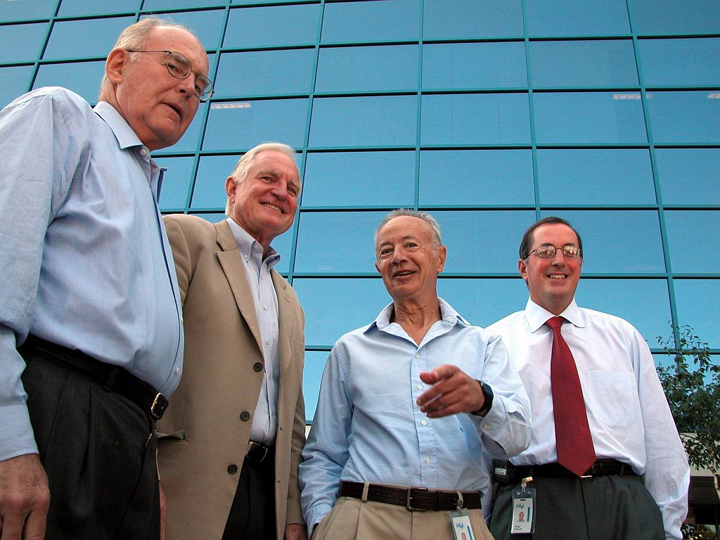 Four Intel chief executives — Gordon Moore, Craig Barrett, Andy Grove and Paul Otellini — at the Robert Noyce Building, Intel's headquarters in Santa Clara, California (file photo) — Intel shares plunged 28.6 percent on October 30, 2026