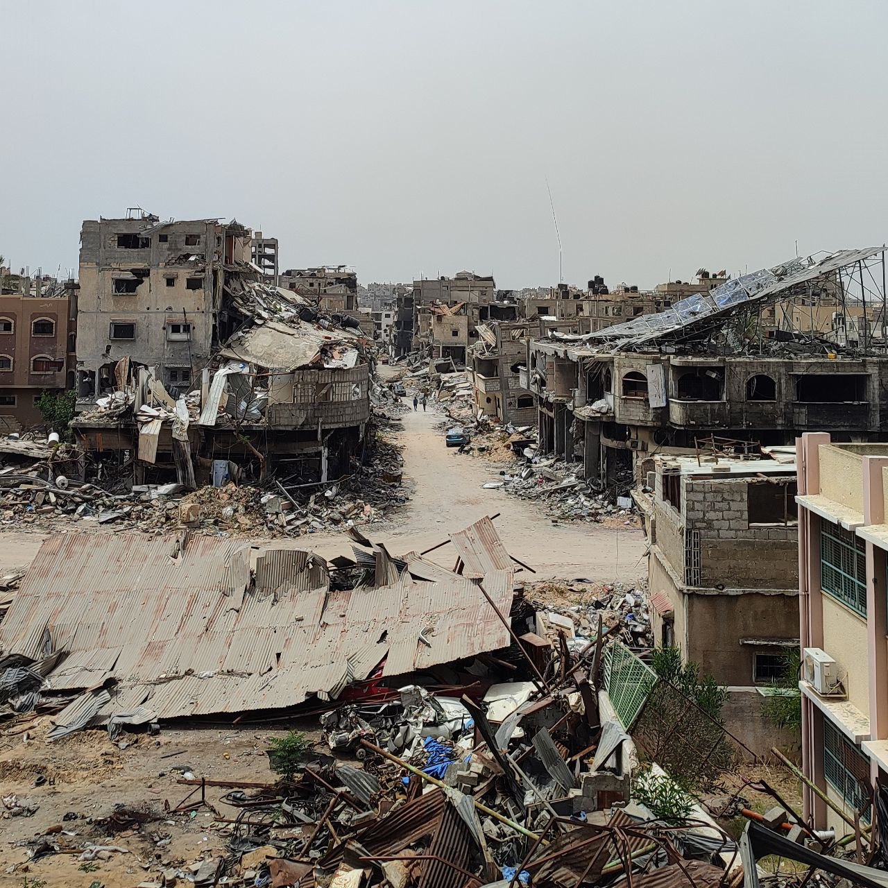 A destroyed residential street in Gaza during the 2023–2025 war — file photo for Israeli strikes kill five Gaza coverage
