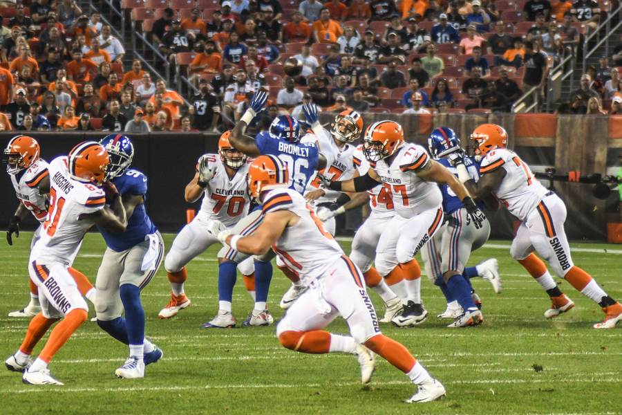 Cleveland Browns players at their home stadium in an NFL file photo