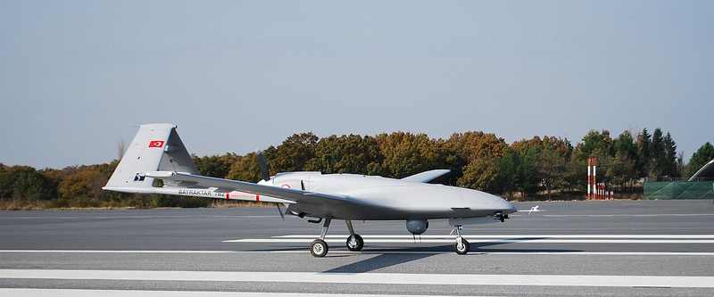 A Turkish Bayraktar TB2 drone on a runway — Turkey military support Saudi Arabia includes drone operators and defensive systems