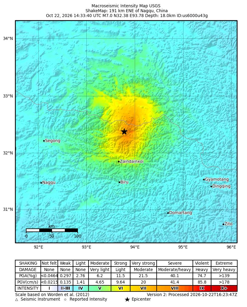 Tibet earthquake magnitude 7.0 — USGS ShakeMap showing modelled shaking intensity around the Nagqu epicentre in northern Tibet