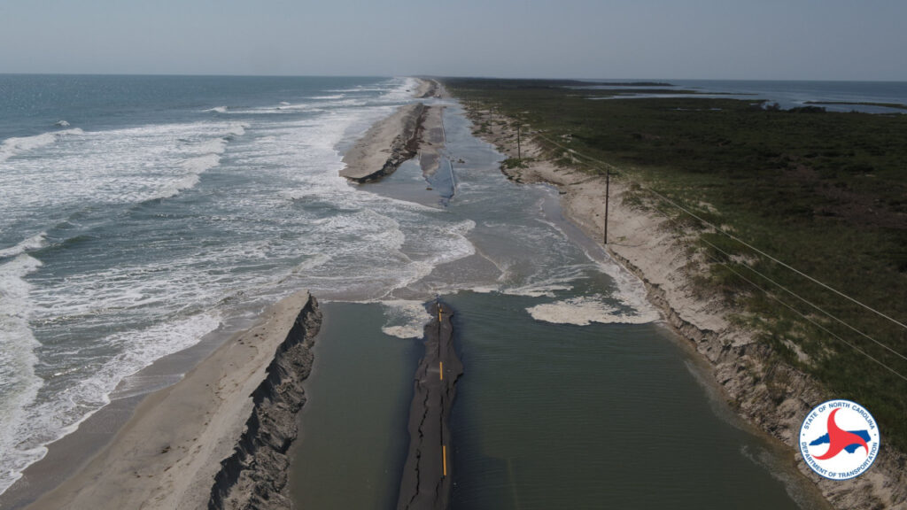 Highway 12 on Ocracoke Island, North Carolina, cut by storm surge — back bays and soundside communities are most susceptible in this week's nor'easter, file photo