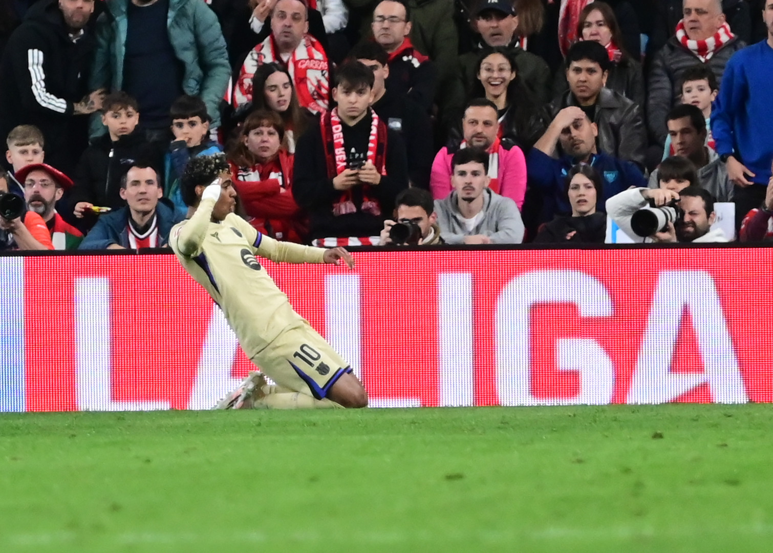 Lamine Yamal, who scored Barcelona's second goal against PSG, celebrating a goal for Barcelona in 2026