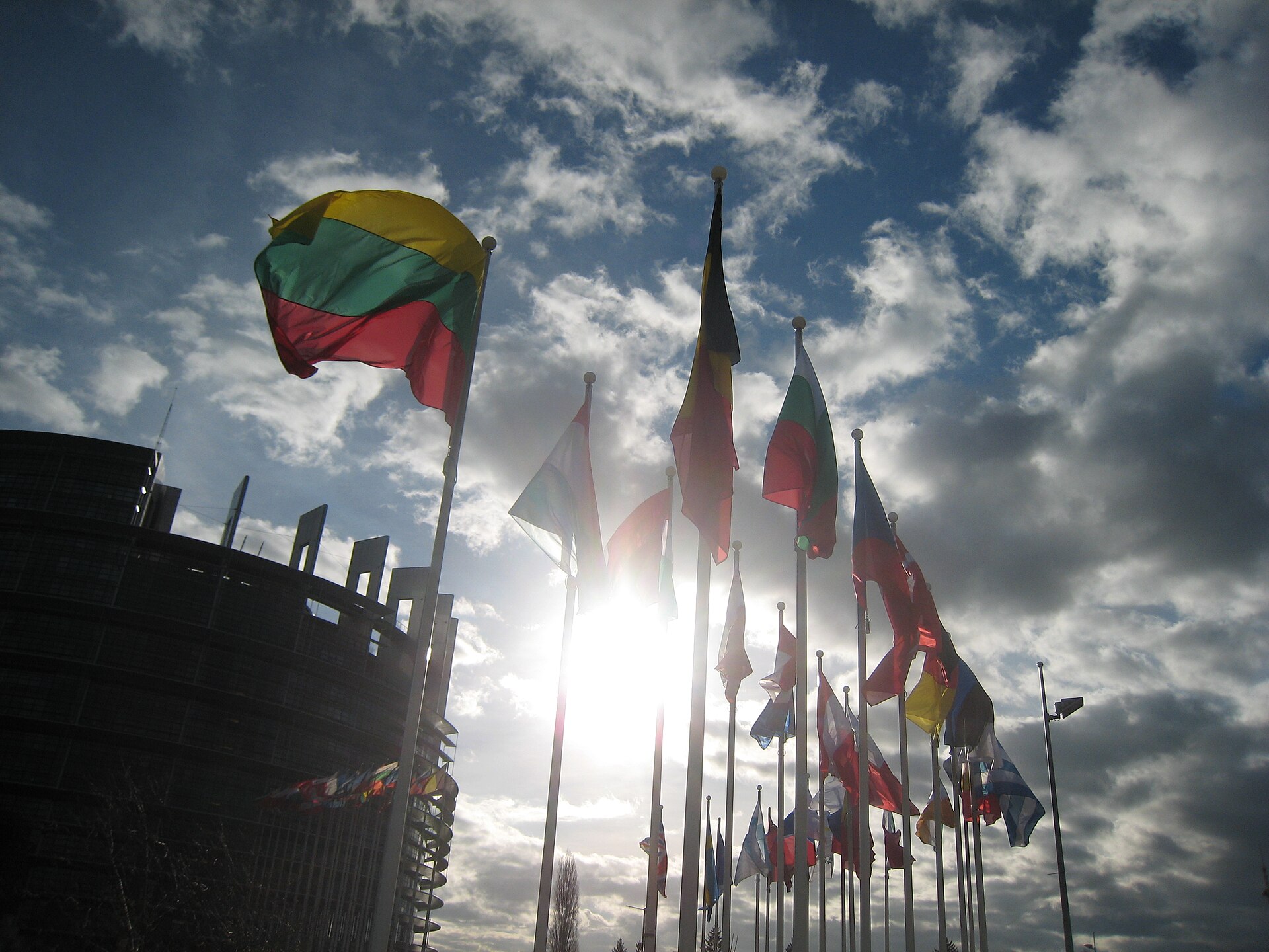 Member state flags outside the European Parliament Louise Weiss building in Strasbourg — Sakharov Prize 2026 announcement