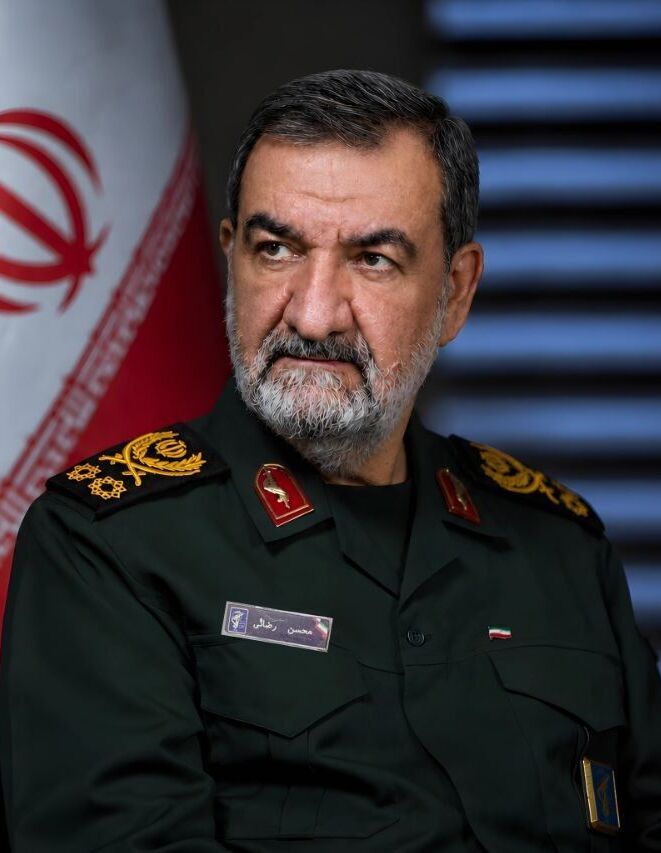 Mohsen Rezaei, secretary of the Supreme National Security Council of Iran and former Revolutionary Guard commander, in Tehran in May 2026 — the hard-line security chief who received the Vance letter to Iran