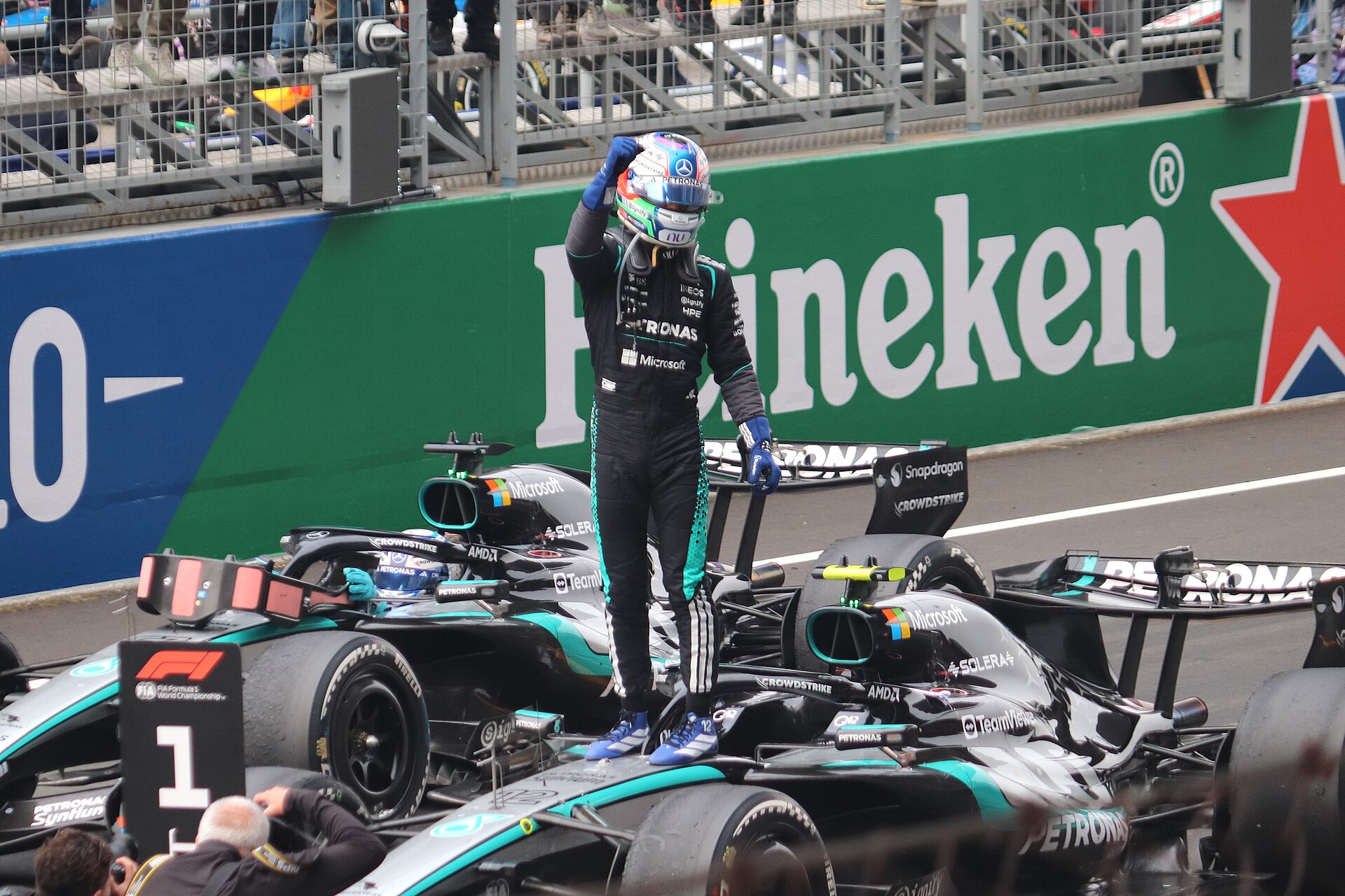 Kimi Antonelli standing on his Mercedes celebrating a win, Antonelli wins US Grand Prix file photo from the 2026 Chinese Grand Prix