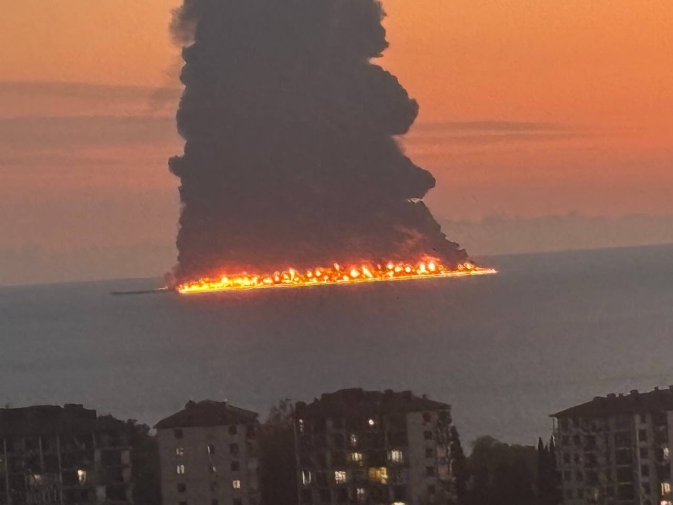 Eyewitness photo of a tanker engulfed in flames off the Sochi coast, Black Sea, October 2026