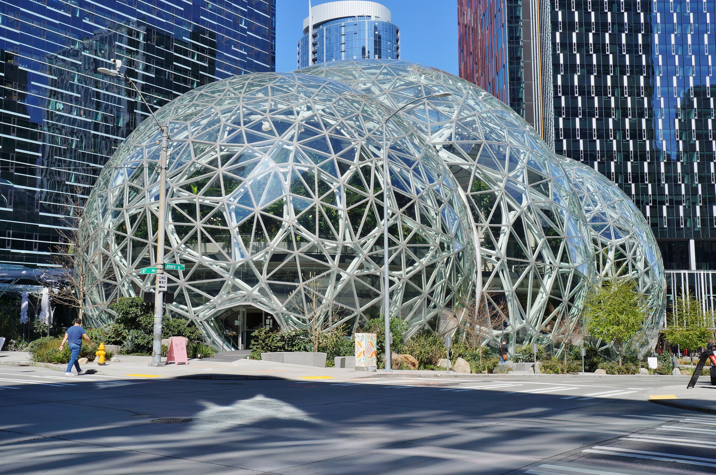 Amazon Q3 earnings 2026 — the Amazon Spheres and Day 1 tower at Amazon headquarters in Seattle, seen from 6th Avenue