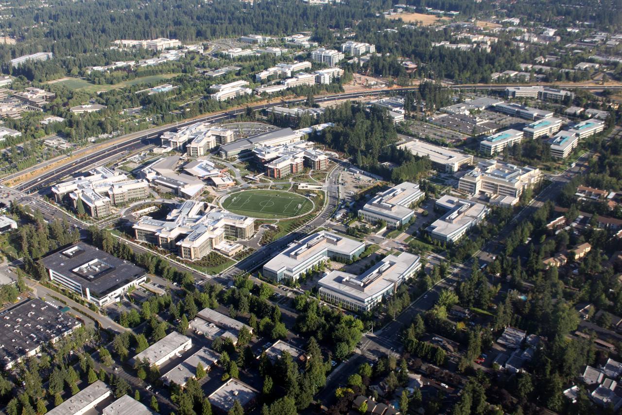 Aerial view of Microsoft's West Campus in Redmond, Washington, representing the company's large enterprise software and cloud footprint