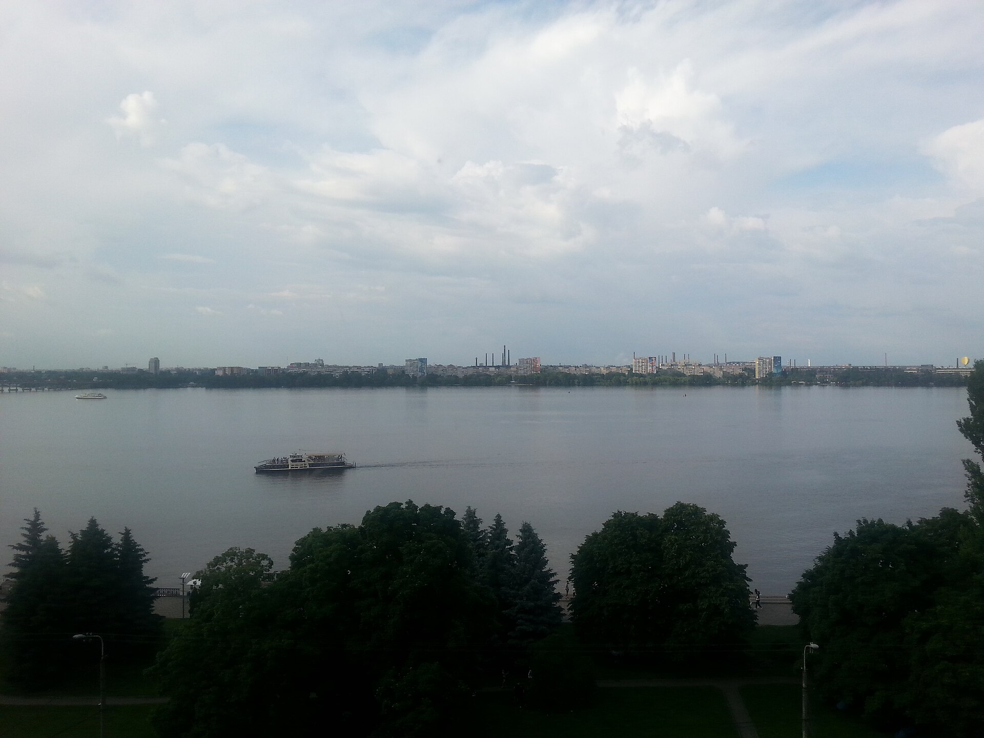 File photo: the city of Dnipro seen from the east bank across the Dnipro River — a file photograph of Dnipro, the city whose power was cut to 350,000 households in the overnight strike, not a photo of the strike itself