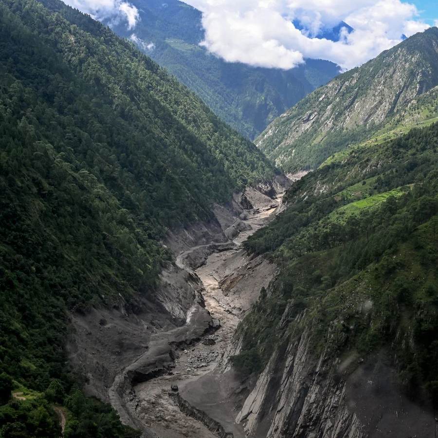 Flood and landslide damage in a steep Nepal mountain river valley