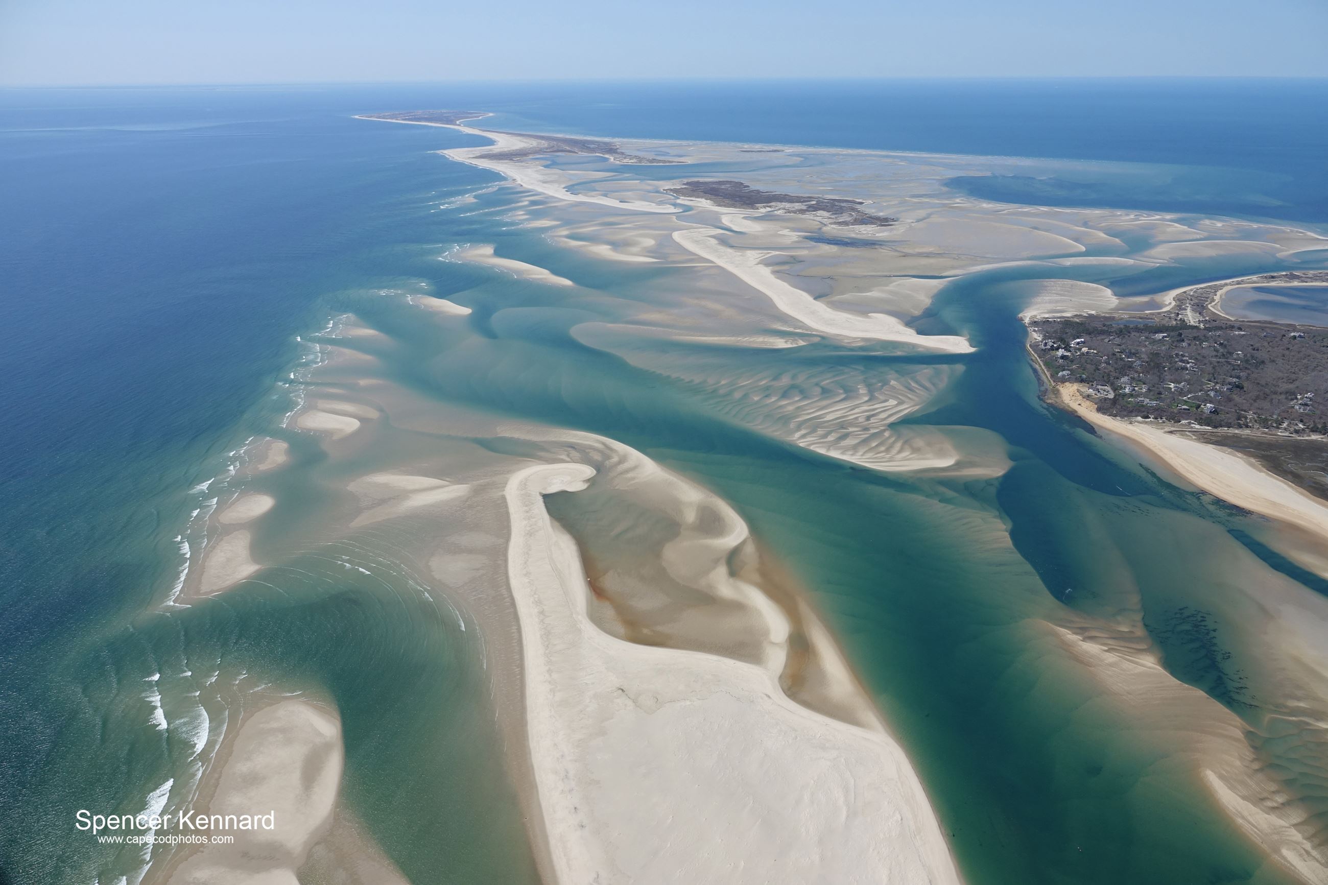 Aerial view of Chatham's Atlantic shoreline and sandbars on Cape Cod, Massachusetts