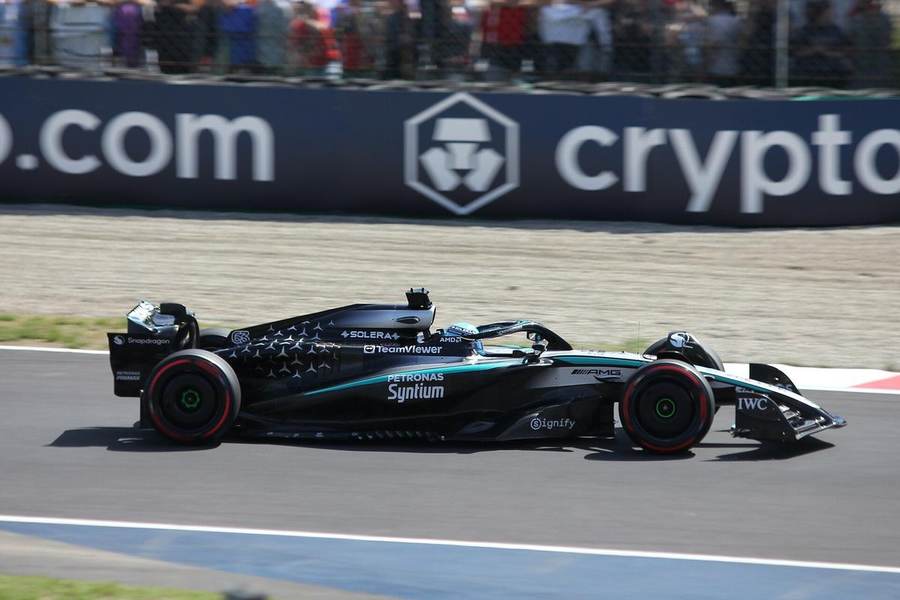 George Russell's #63 Mercedes on track — the Briton won the 2026 Azerbaijan Grand Prix in Baku, beating Max Verstappen by 0.196 seconds