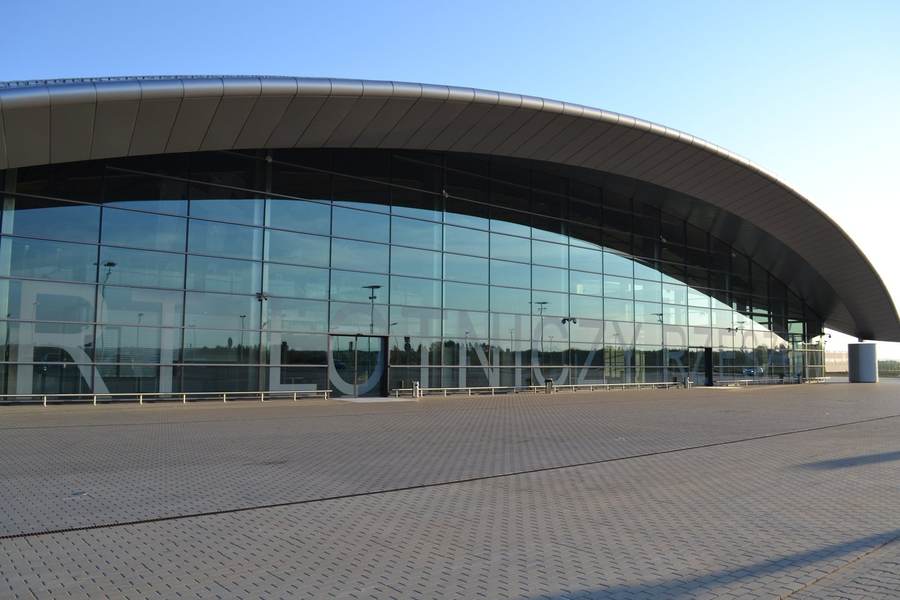 The glass-fronted passenger terminal at Rzeszów–Jasionka Airport in Poland, photographed on April 29, 2012