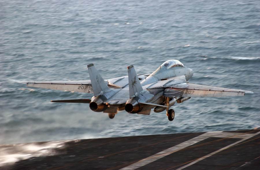 An F-14D Tomcat launches from USS Theodore Roosevelt in December 2005