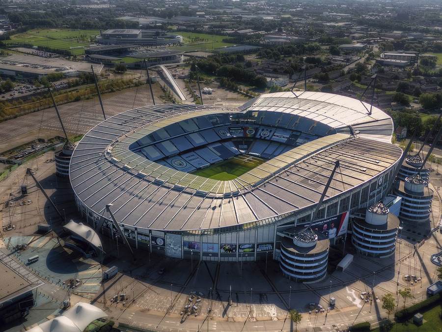 Aerial view of Manchester City's Etihad Stadium during the City financial investigation covering 2009 to 2018