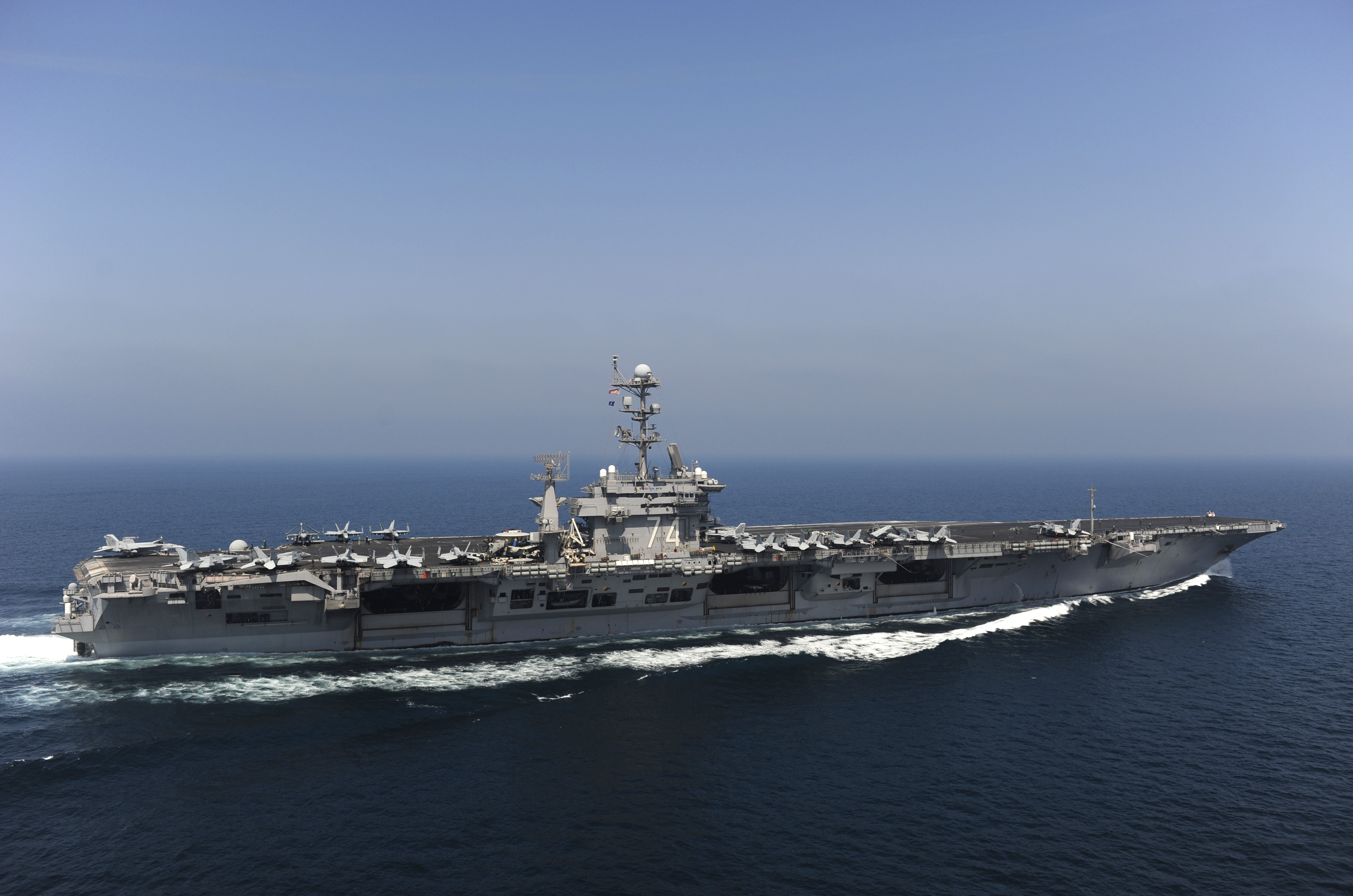 The aircraft carrier USS John C. Stennis (CVN 74) transiting the Arabian Gulf — US naval power in the Gulf region at the centre of the US Iran stalemate Hegseth and Netanyahu discussed