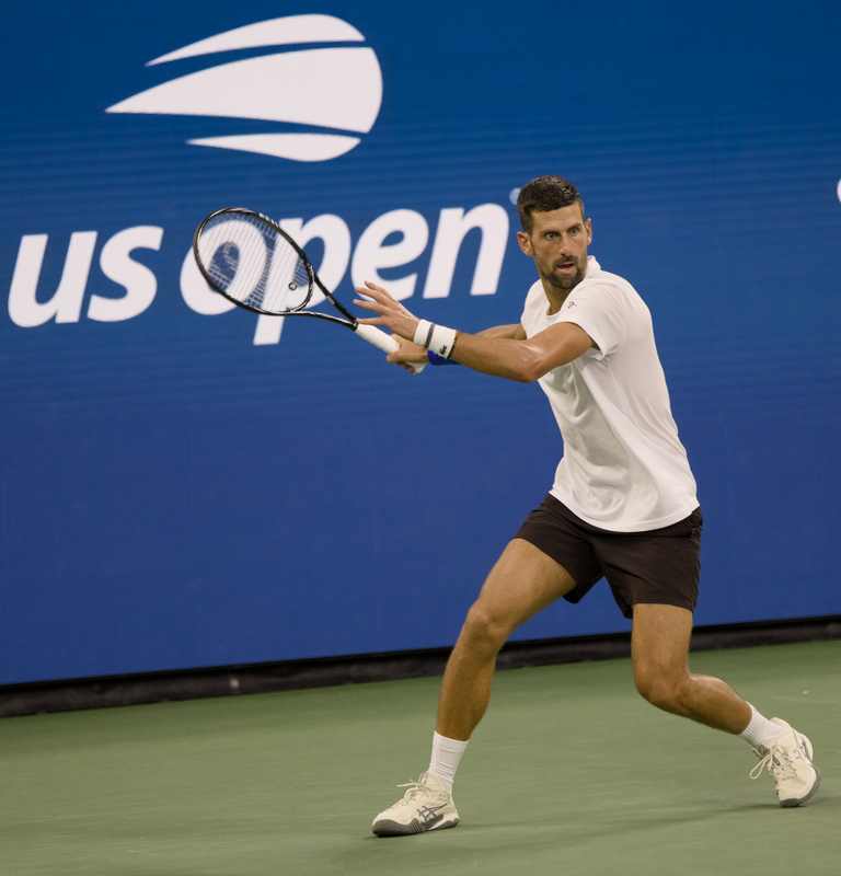 Novak Djokovic striking a forehand at the 2026 US Open before his China Open title run