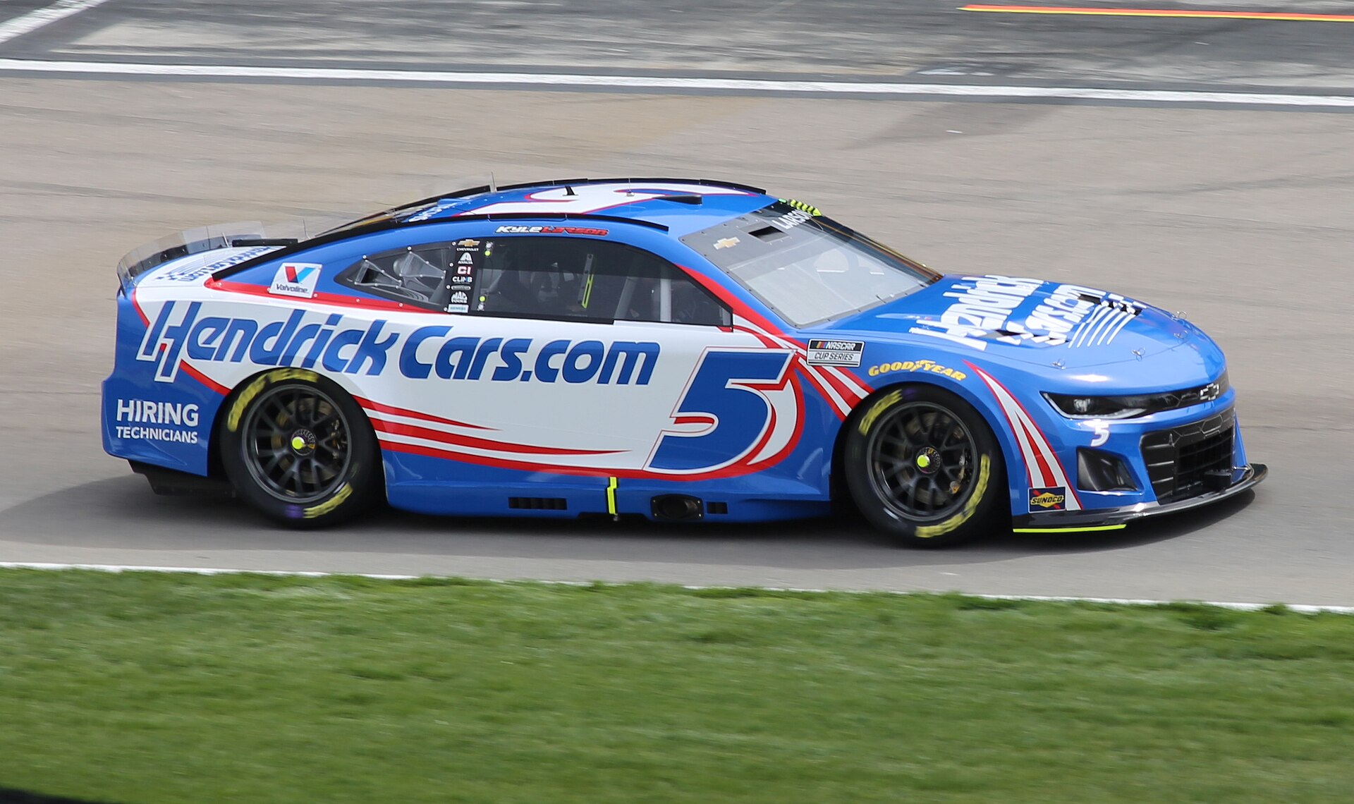 Kyle Larson wins Talladega — his No. 5 HendrickCars.com Chevrolet, pictured at Las Vegas in 2025
