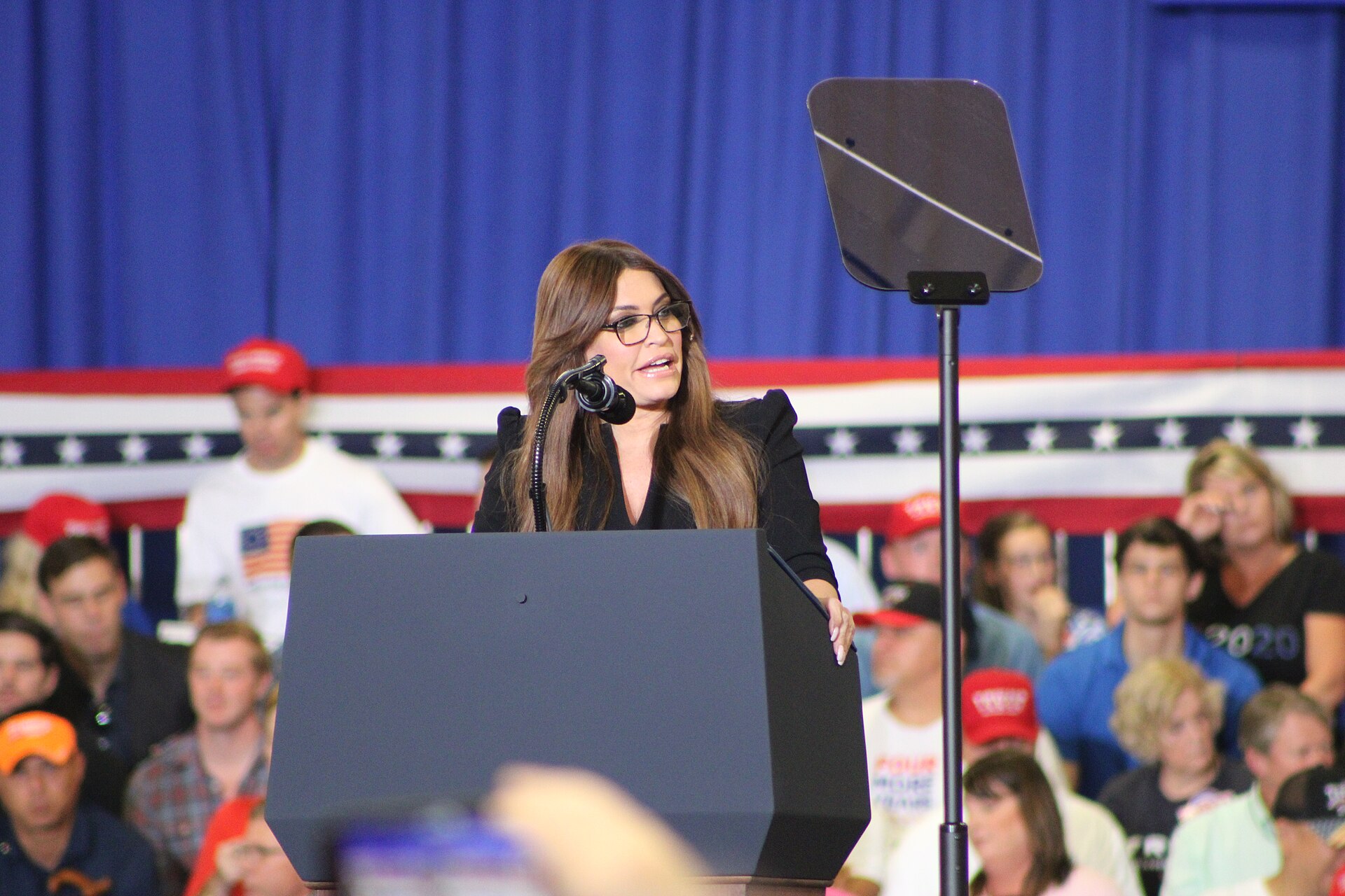 Kimberly Guilfoyle speaking at a rally in Fayetteville, North Carolina, before her removal as ambassador to Greece