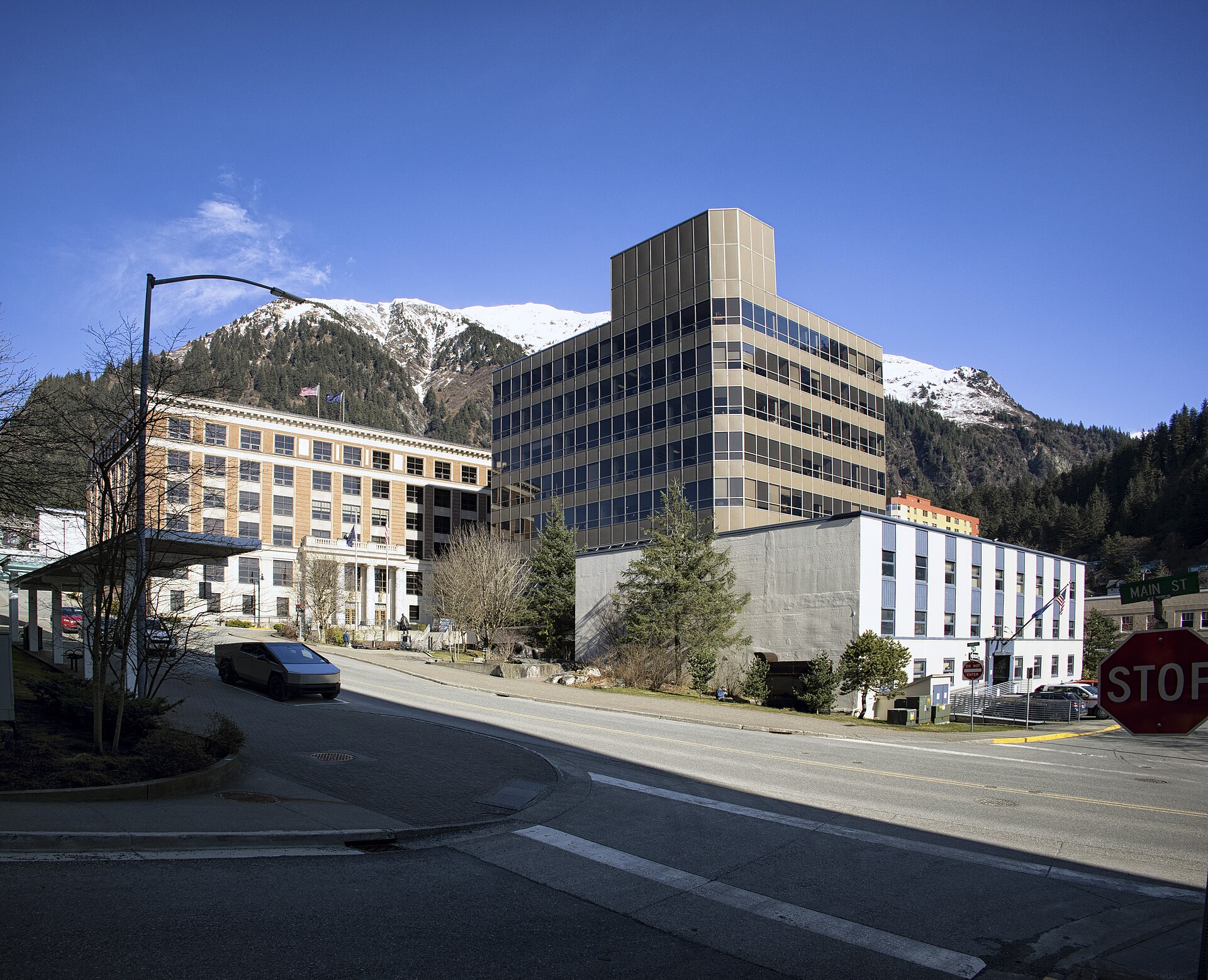 The Alaska State Capitol and the Dimond Courthouse in Juneau — the state capital in the Alaska Senate race lawsuit over Senate certification