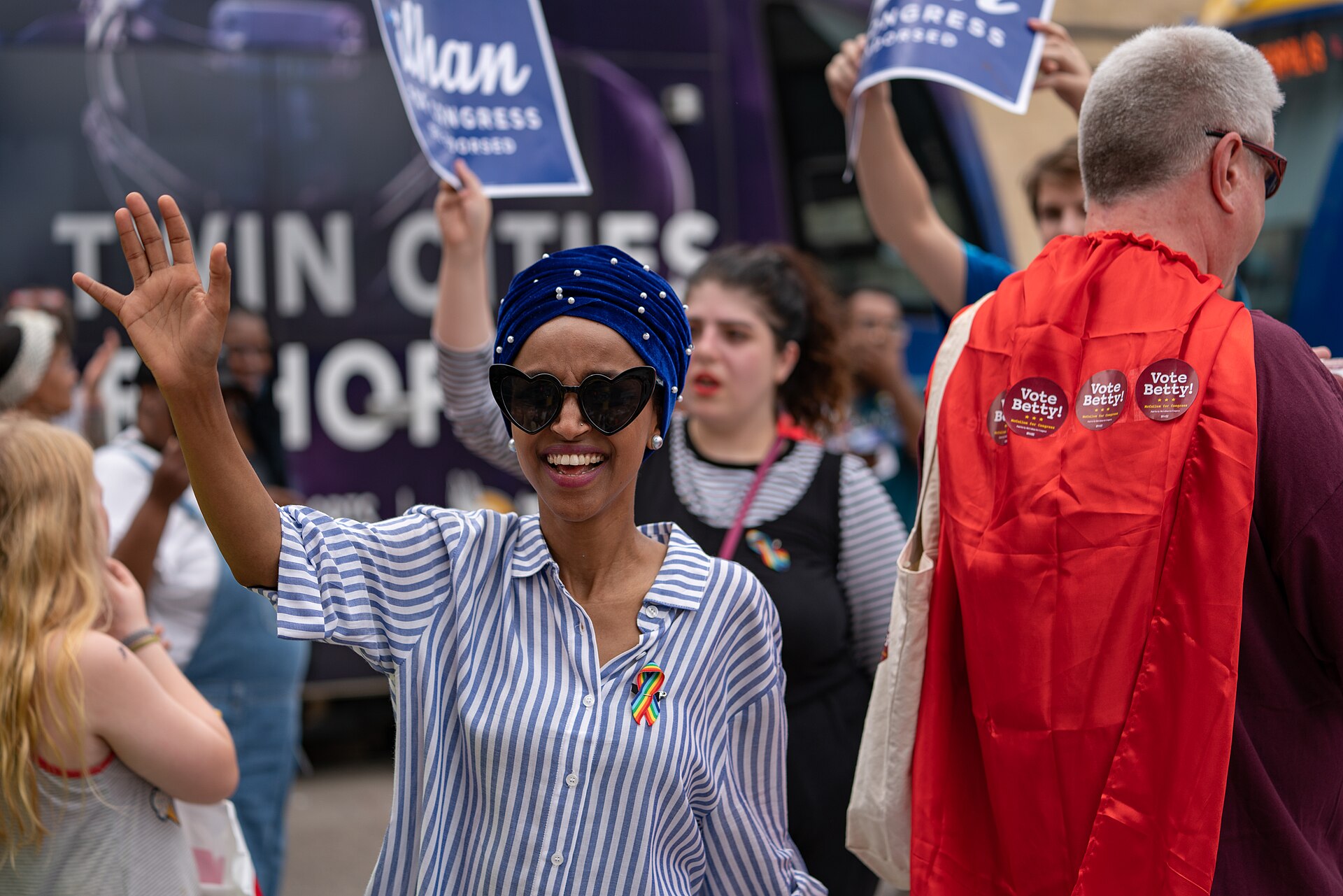 Ilhan Omar campaigning at the Twin Cities Pride Parade in Minneapolis in 2018 during her first run for Congress