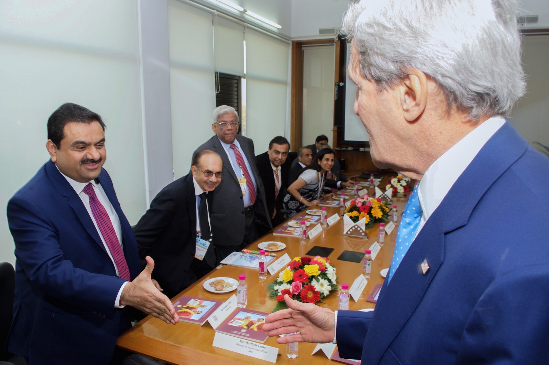 Gautam Adani, chairman of the Adani Group, greeting U.S. Secretary of State John Kerry at the Vibrant Gujarat Summit — file photo for the Adani Modi documentary takedown case