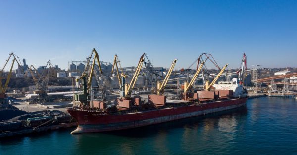 Cargo infrastructure at Chornomorsk port near Odesa, where Russia said it struck a Nova Poshta logistics center