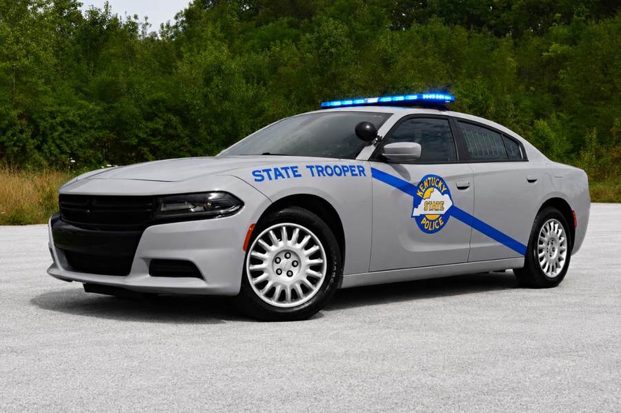 Kentucky State Police &lsquo;State Trooper&rsquo; cruiser with blue light bar &mdash; KSP issued a statewide Blue Alert after Trooper Hayden Phillips was killed on I-65 in Warren County