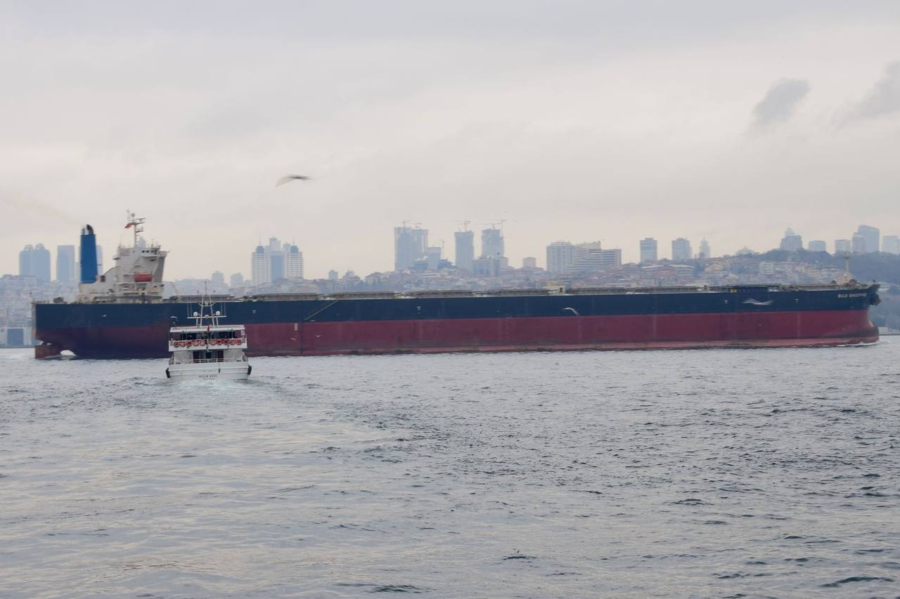 A bulk carrier of the type used in the Black Sea grain trade transiting the Bosphorus Strait — the shipping lane connecting Ukraine's ports to world markets