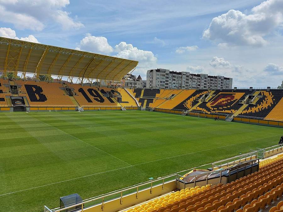 The yellow-and-black stands and green pitch at Hristo Botev Stadium, home of Botev Plovdiv