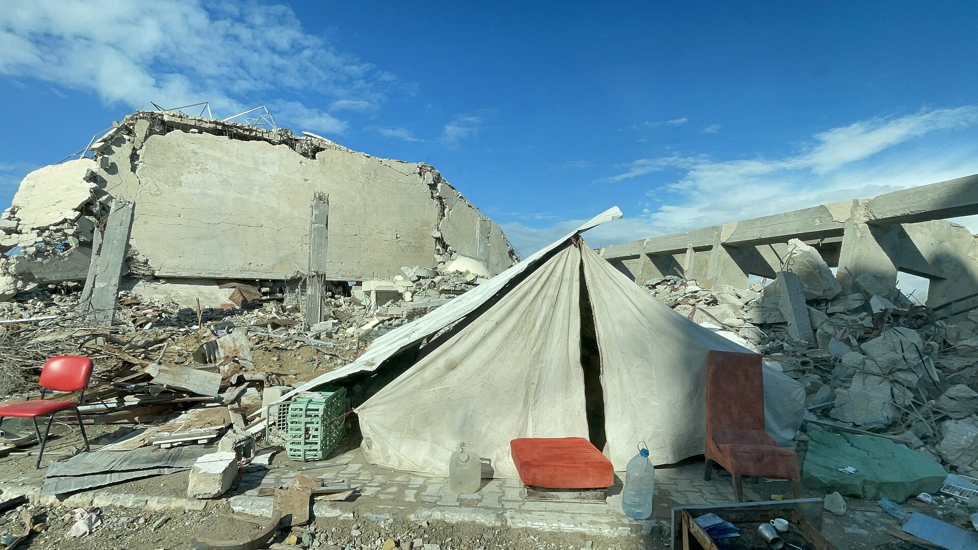 Tent pitched among the rubble of a destroyed house in Gaza, file photo on displacement in the Gaza war