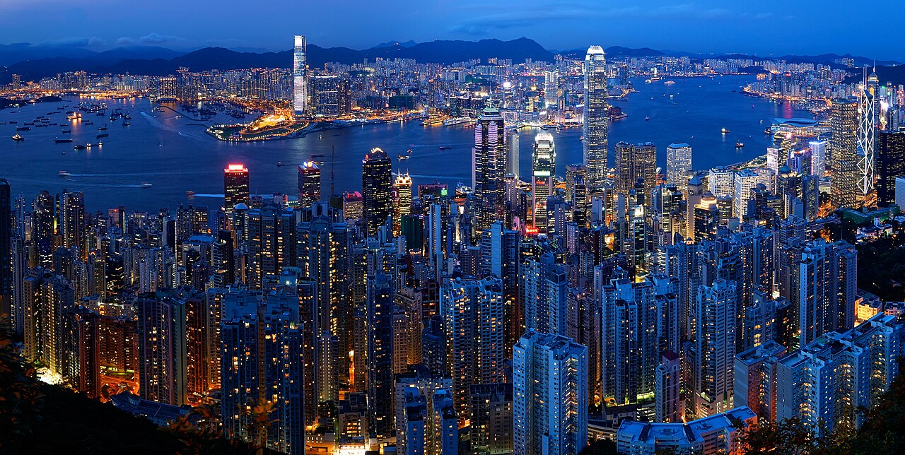 Hong Kong skyline and Victoria Harbour at dusk, where the diverted F-35 shipment was reportedly routed