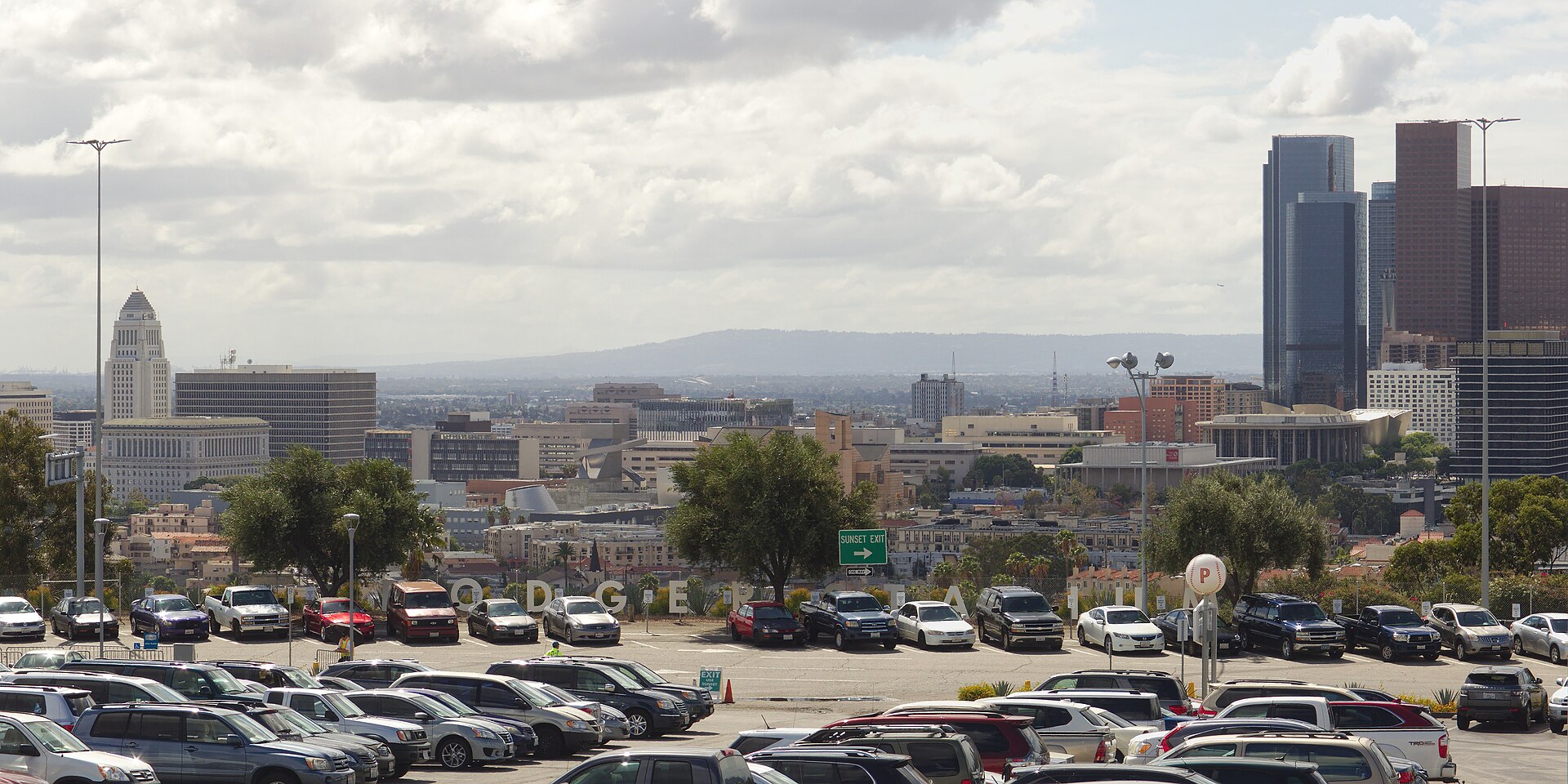 Dodger Stadium with downtown Los Angeles beyond it — the Dodgers' bid for a third straight title ended in the Brewers sweep Dodgers NLCS World Series series