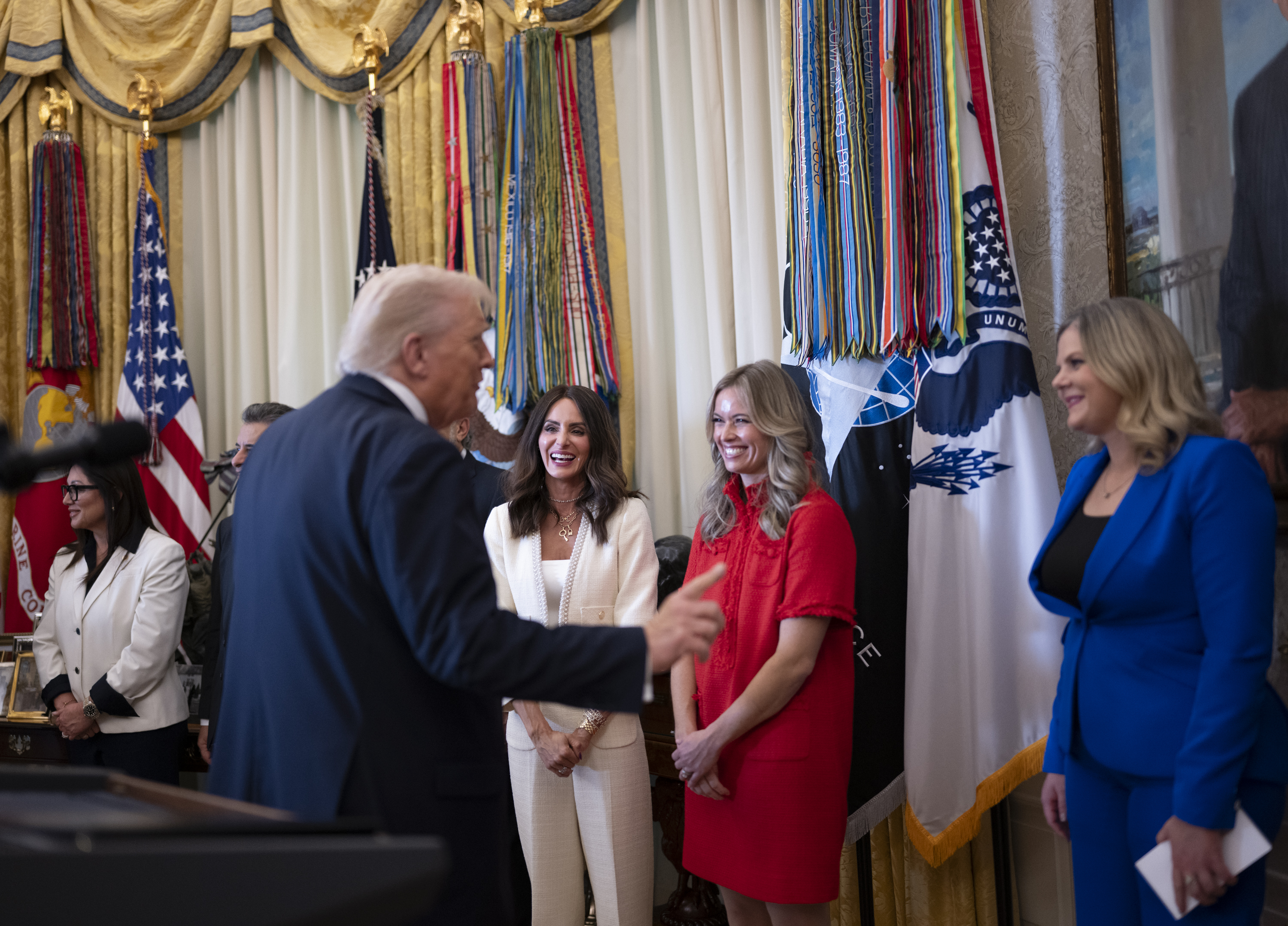 Trump BBC lawsuit deposition — President Donald Trump speaking with guests in the Oval Office at the White House, file photo from October 16, 2025