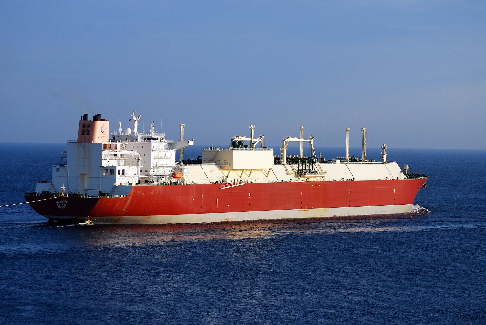 The Lijmiliya, a Qatari LNG carrier, at sea — the kind of energy shipping that moves through the Strait of Hormuz at the centre of the Qatar Iran war deal talks