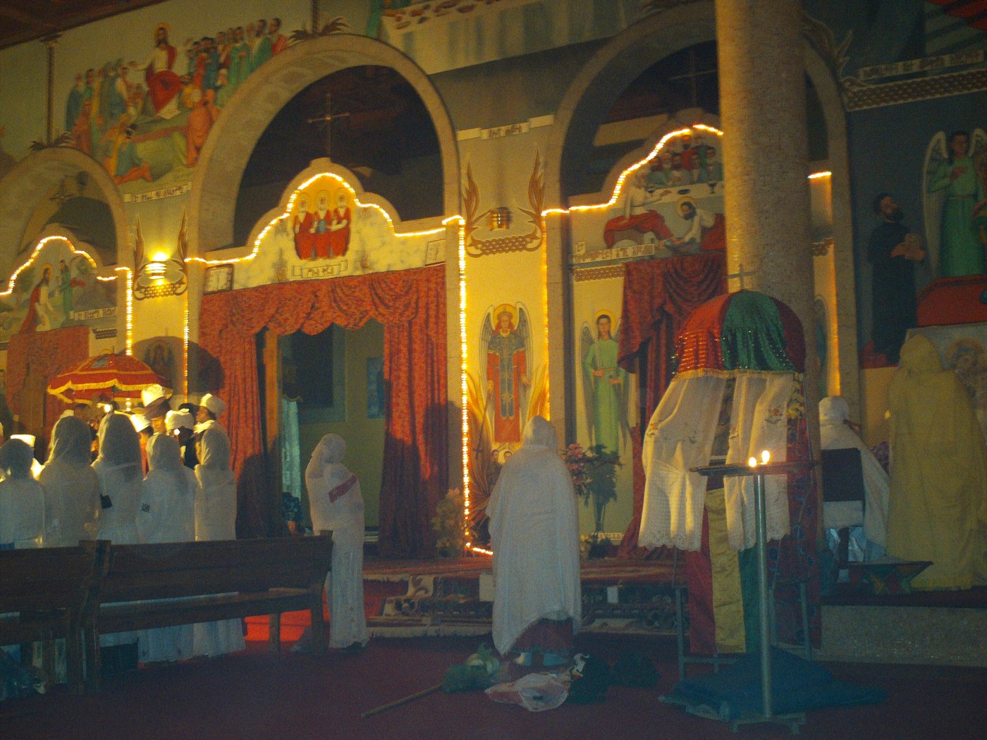 Worshippers in white netela shawls inside St Mary's Ethiopian Orthodox Church in Adama, Oromia, the region where Ethiopia Orthodox Christians were killed in Arsi attacks