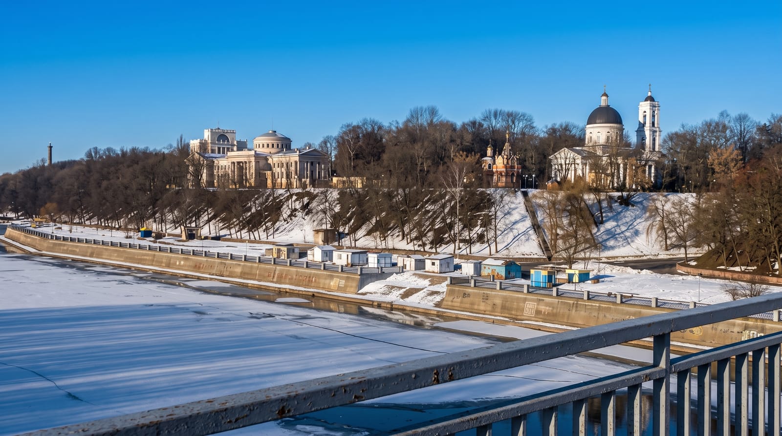 The Gomel Palace above the Sozh River in Gomel, Belarus, the transit city where evacuee flights from Anapa landed