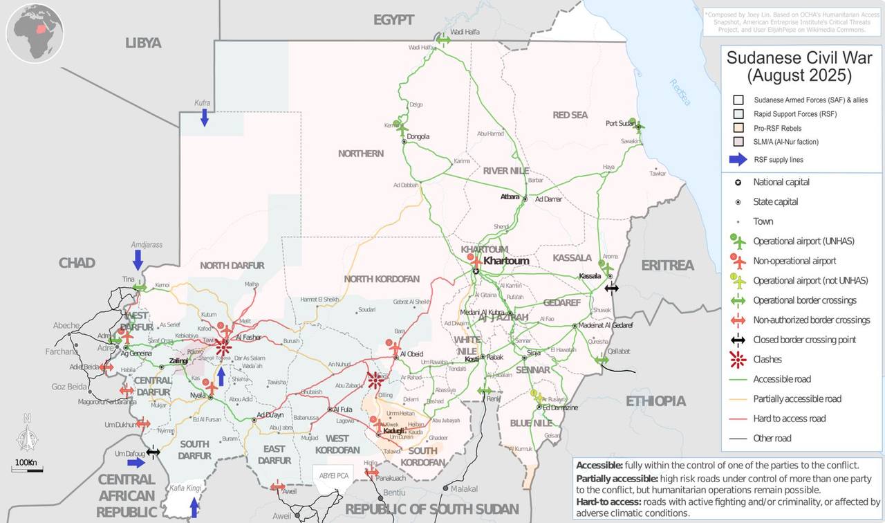 Map of the Sudanese civil war and humanitarian access, August 2025 — Sodari sits on the contested Kordofan–Darfur corridor in North Kordofan.