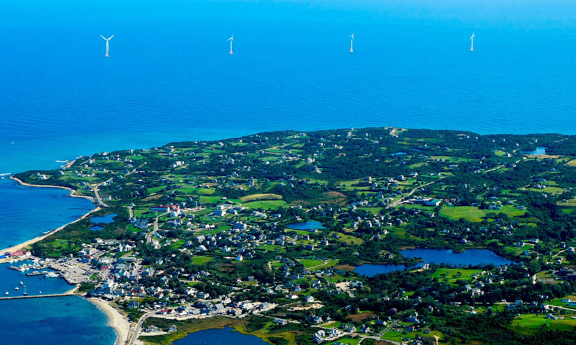 Block Island Wind Farm turbines off Rhode Island, the first US offshore wind farm, built with imported turbines — Trump wind turbine tariffs