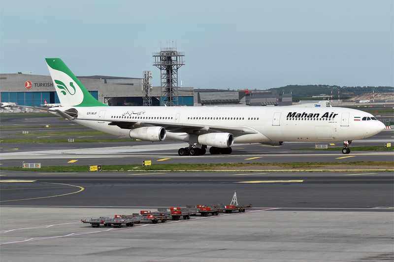 A Mahan Air Airbus A340 — the Iranian carrier was explicitly excluded from the US waiver over alleged IRGC links