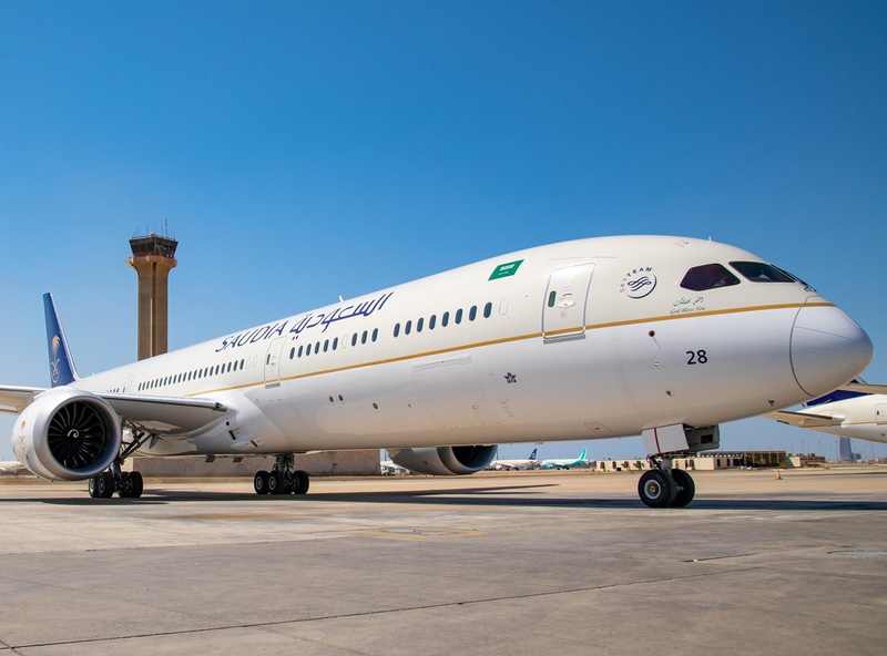 A Saudia Boeing 787; a parked Saudia jet was damaged in the Houthi Riyadh airport attack