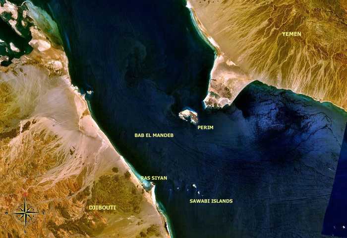 NASA satellite view of the Bab el-Mandeb Strait, the shipping chokepoint between the Red Sea and the Gulf of Aden.