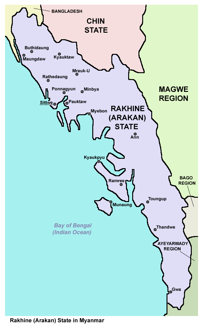 Locator map of Rakhine (Arakan) State in western Myanmar, where Kyauktaw township sits in the north of the state bordering Bangladesh — the site of the September 28, 2026 junta airstrike on the India Market