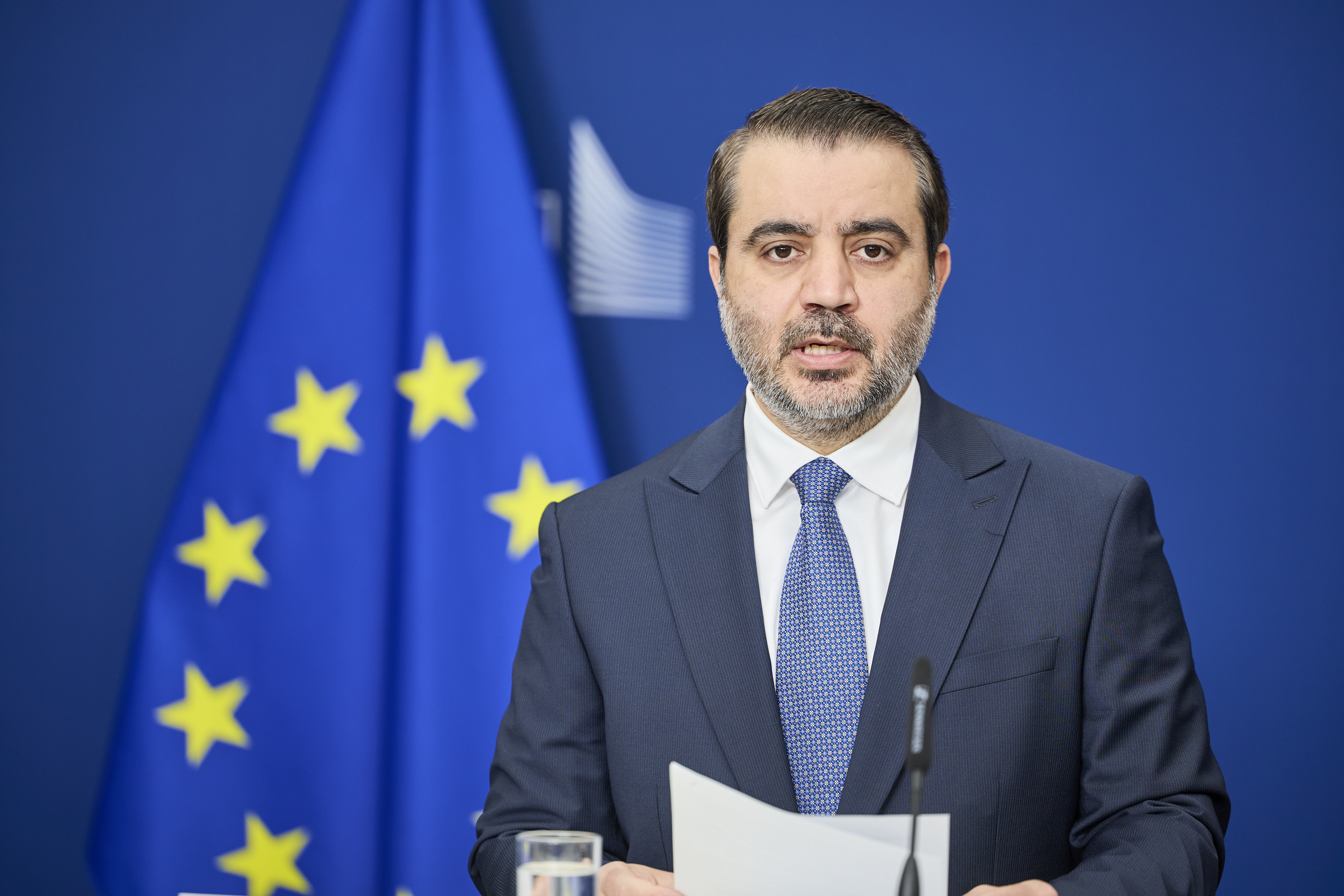 Syrian Foreign Minister Asaad al-Shaibani speaking at the European Commission — Damascus denied coordination in the Syria sovereignty violation Jordan strikes dispute
