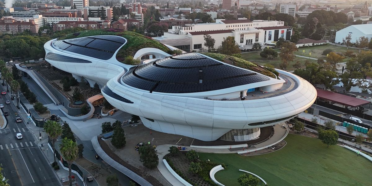 The curving exterior of the Lucas Museum of Narrative Art in Los Angeles