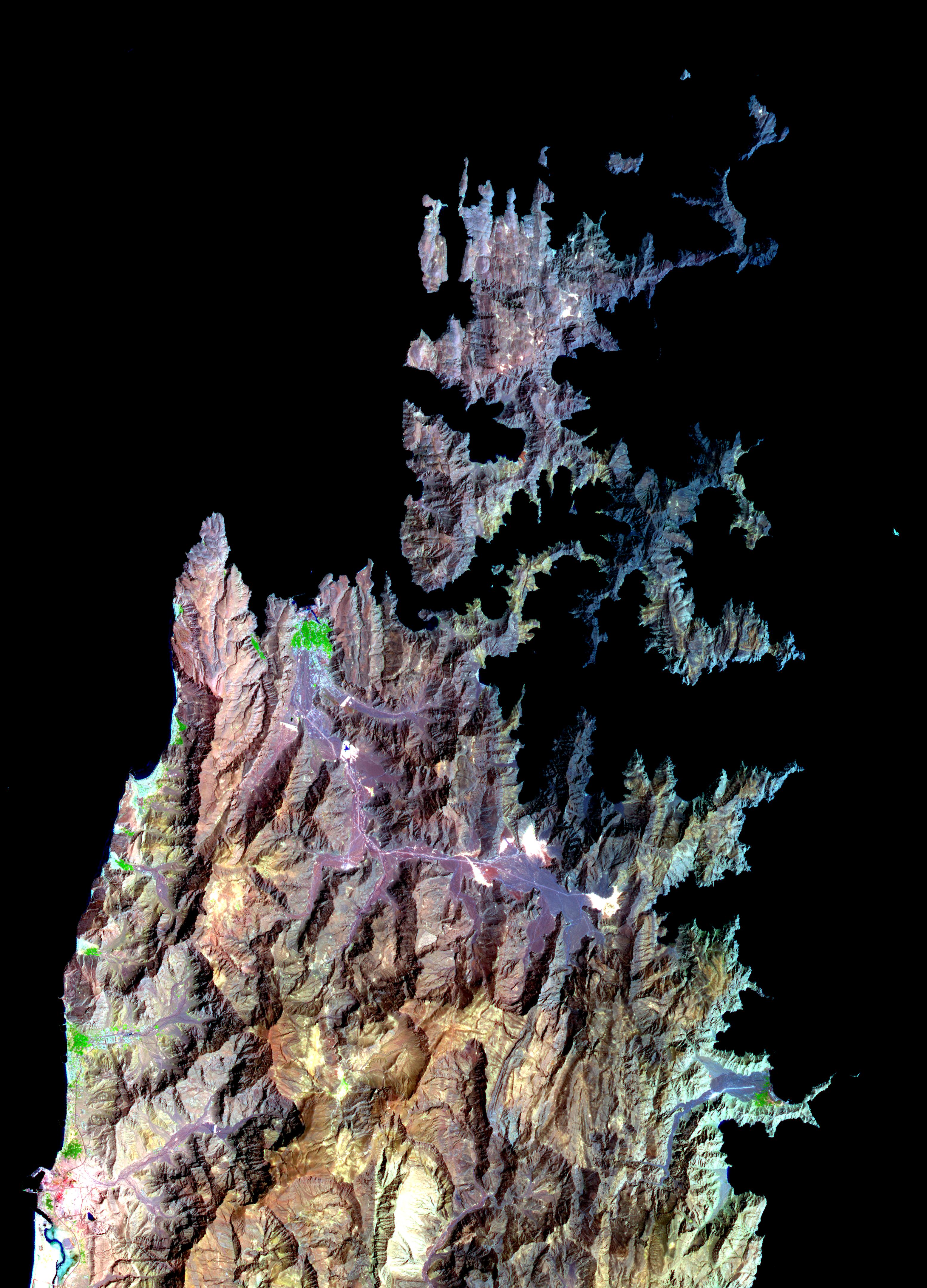 Satellite view of the Musandam Peninsula and Khasab, Oman, on the Strait of Hormuz, near where the tanker Louise 1 was attacked with limpet mines