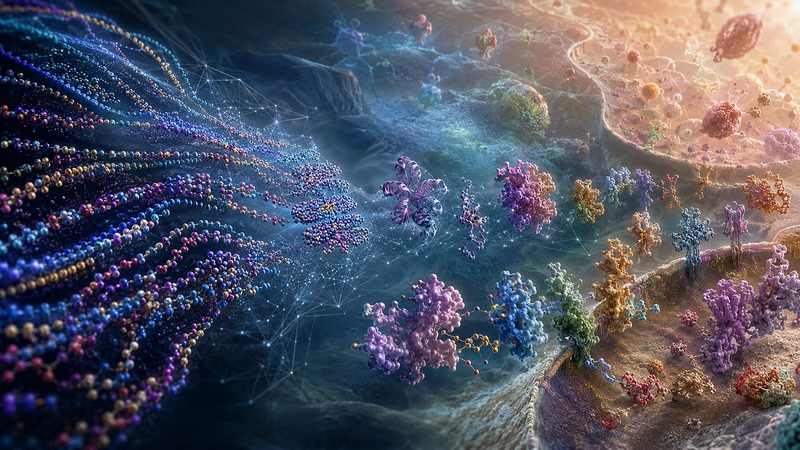 Scientific illustration connecting DNA, proteins and cellular structures in a virtual biology model