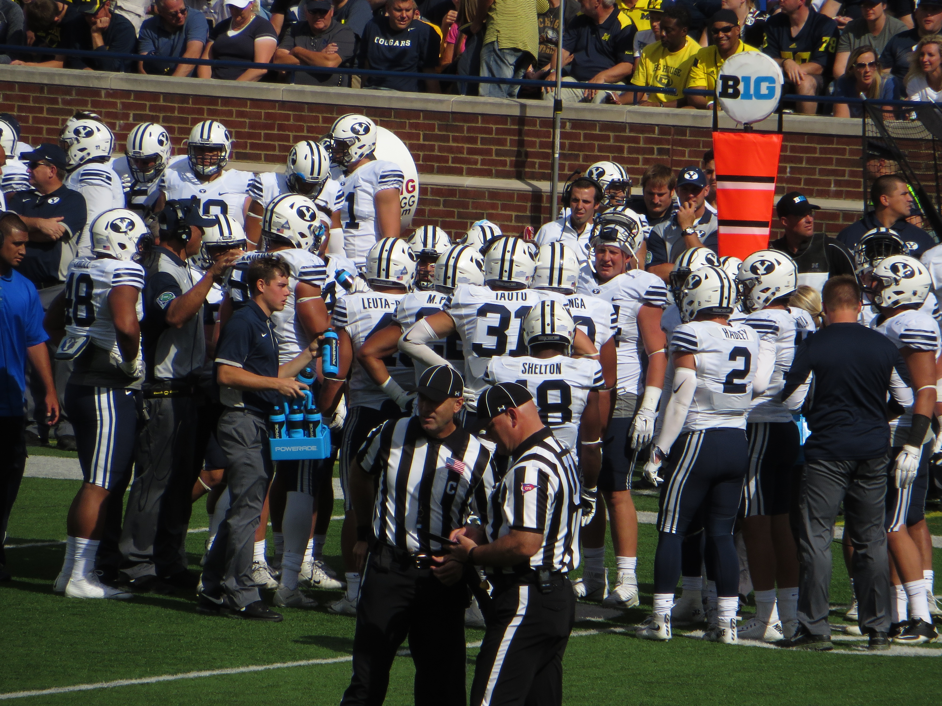 BYU Cougars in a huddle — the Cougars improved to 6-0 with the 28-24 upset of No. 2 Notre Dame