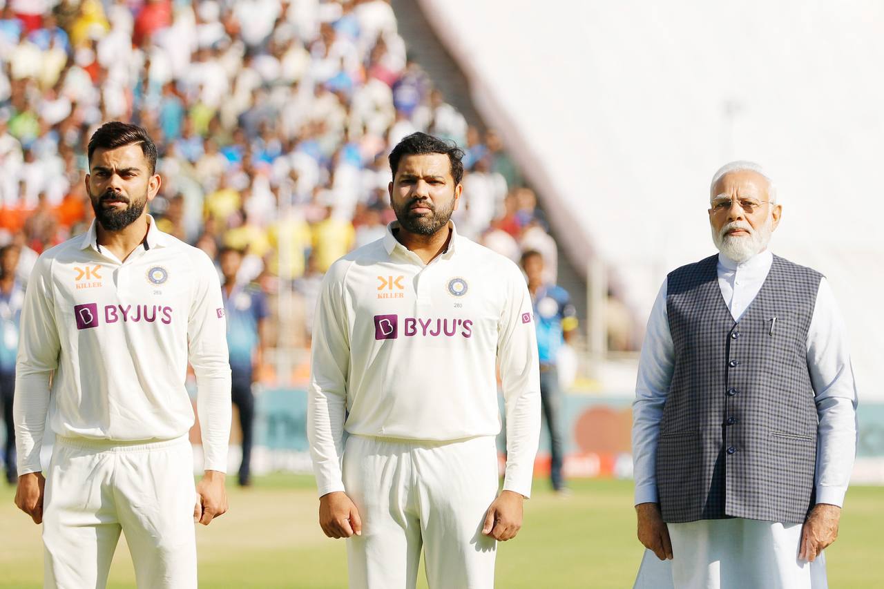 Virat Kohli and Rohit Sharma with Prime Minister Narendra Modi during the India vs Australia 4th Test at the Narendra Modi Stadium, Ahmedabad, March 2023